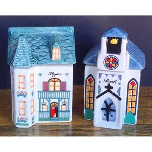 Vintage 80s Avon Victorian Spice Village Jars Thyme and Basil Miniature Houses